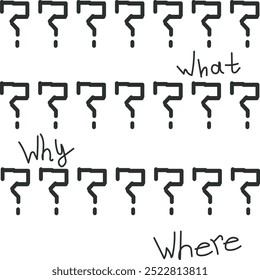 Between large rows of crooked question marks are words such as "what", "why", "where". Art on the topic of quizzes, educational information and the like.