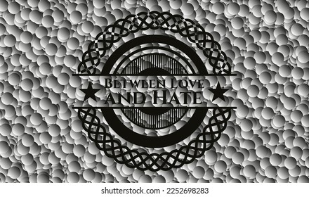 Entre amor y odio estilo retro emblema negro con fondo de burbujas. Ilustración vectorial. Detallado. 