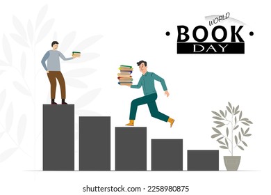 Between people's book day, vector image on the theme of World Book Day, in a flat style, a person climbs the stairs with books in his hand, conceptual illustration