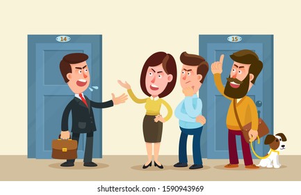 Сonflict between the residents of the house and house manager. Quarrel, dispute between neighbors. Bad meeting. Vector illustration, flat design cartoon style. Isolated background.