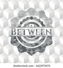 Between retro style grey emblem with geometric cube white background