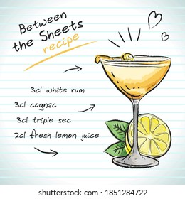 Between the Sheets cocktail, vector sketch hand drawn illustration, fresh summer alcoholic drink with recipe and fruits