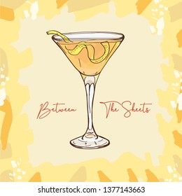 BETWEEN THE SHEETS, Light rum and brandy, orange liqueur and lemon Contemporary classic cocktail illustration. Alcoholic cocktails hand drawn vector set. Menu design item of sketch bar drink glass.