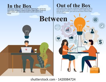 Between Think In the box and think out of the box concept business. business people working in the box while no idea and business people working out of the box that have idea. business concept vector.