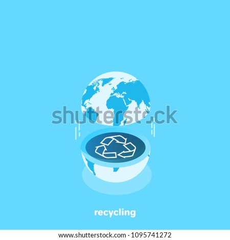 between the two halves of the globe is a recycling icon, an isometric image