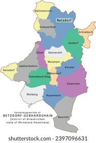 Betzdorf-Gebhardshain verbandsgemeinde map of Altenkirchen district Rhineland-Palatinate (Rheinland-Pfalz) state in Germany. Vectored. Retro colors