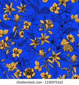 Beuatiful summer vivid yellow botanical flowers in the garden hand drawn by pencil seamless pattern vector for fashion, fabric,wallpaper and all prints on blue background