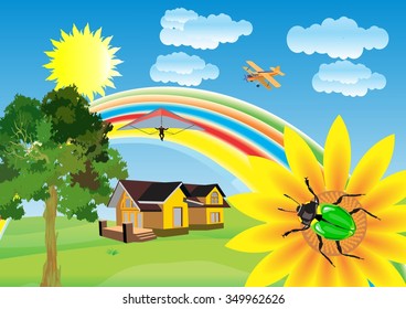 Beutifall countryside view illustration, home, bkue sky, clouds, rainbow, jet plane and yellow flower with bug
