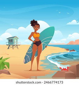 Beutiful African American surfer girl standing on a beach and holding surfboard. Ocean and sky in the background. Beach house far away. Little crab. Summer vacation. Active lifestyle. Extreme sports