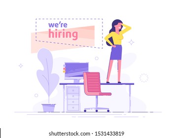 Beutiful business woman is standing on the office table and looking into the distance in search of employees. We are hiring banner. Hiring and recruitment concept. Vector illustration.