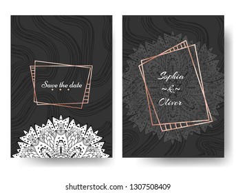 Beutiful card invitation with gold frame and mandala on dark background