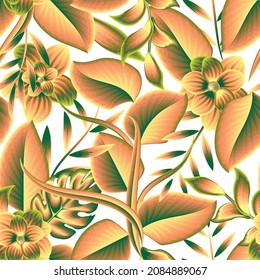 beutiful floral seamless pattern in monochromatic color style with green orange tropical plants and foliage on white background. fashionable print texture. Floral background. Exotic tropics. Summer 
