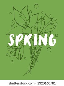 Beutiful style vector illustration of flower bouquet silhouette and white lettering Spring. Great design elements for sticker, card, print or poster. Drawing isolated on green background