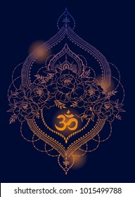 beutiful vector illustation with peony, mendi style deoration and symbol "om" shining on deep blue background, can be used for tattoo