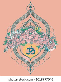 beutiful vector illustation with peony, mendi style deoration and symbol "om", sketch style,  pastel and trendy colors, can be used for tattoo