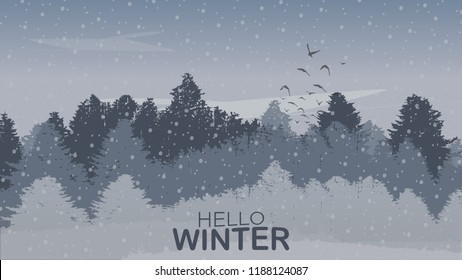 Beutiful Winter Landscape Background with Winter Colored Pine Tree Forest and Ascending Birds. Vector Illustration.
