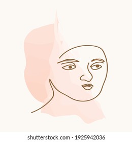 Hermosa joven cara de ilustración. Diseño de líneas de arte blanco y negro con acuarela. 