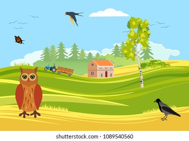 Beutifull countryside landscape view, owl, raven, vector concept, little house on hills