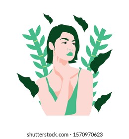 beuty woman with underwear and tropical leafs plants vector illustration design