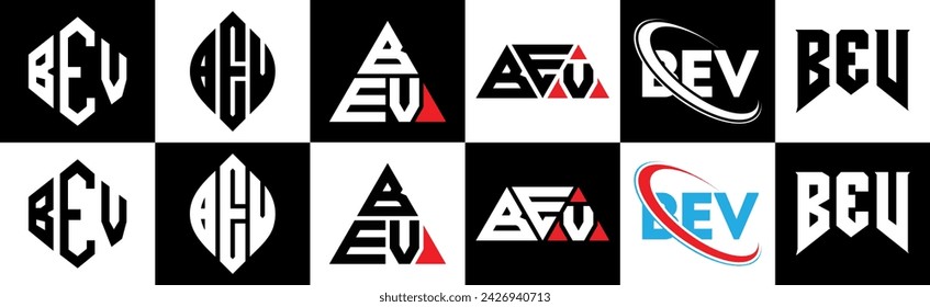 Diseño del logotipo de la letra BEV en estilo seis. BEV polígono, círculo, triángulo, hexágono, estilo plano y simple con el logotipo de la letra de la variación del color blanco y negro establecido en una mesa de trabajo. BEV logotipo minimalista y clásico