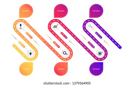 bevel way roadmap timeline elements with markpoint graph think search gear target icons. vector illustration eps10