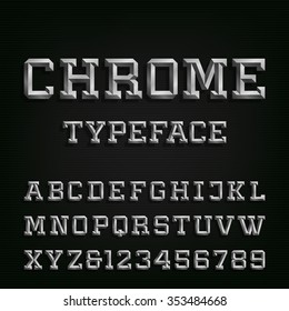Beveled Alphabet Font. Type letters and numbers. Chrome effect symbols on the dark background. Vector typeset for headlines, posters etc.