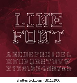 Beveled Alphabet Vector Font. Outline style letters and numbers on the abstract geometrical background. 