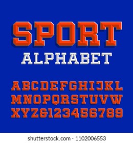 Beveled alphabet vector font. Retro sport style typeface for your design. Type letters and numbers.