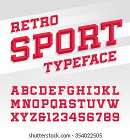 Beveled alphabet vector font. Retro sport style typeface for labels, titles, posters or sportswear transfers. Type letters, numbers and symbols on the bright background. 