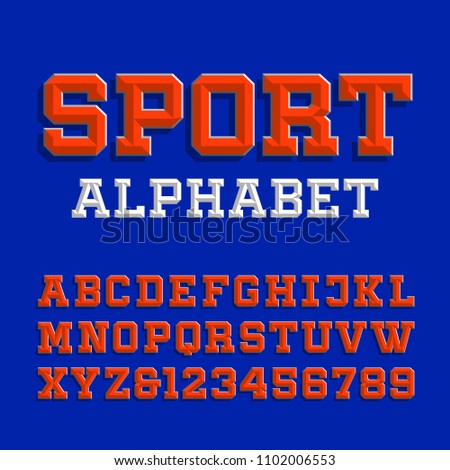 Beveled alphabet vector font. Retro sport style typeface for your design. Type letters and numbers.