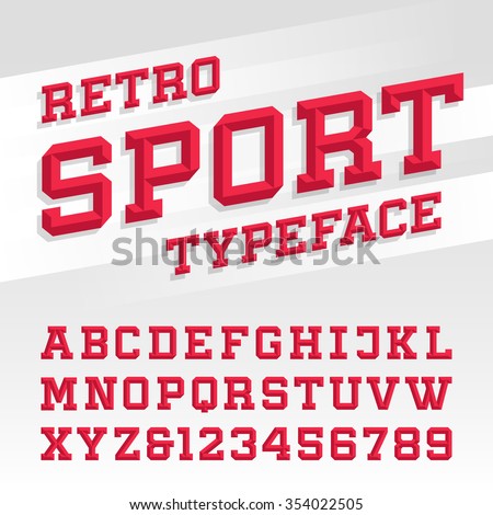 Beveled alphabet vector font. Retro sport style typeface for labels, titles, posters or sportswear transfers. Type letters, numbers and symbols on the bright background. 