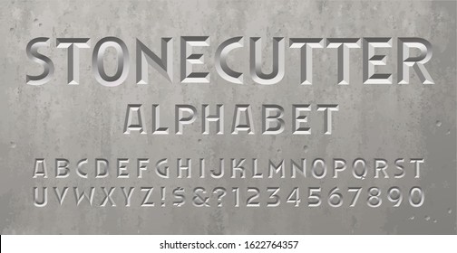 A beveled or chiseled font with the appearance of an inscription or epitaph on a gravestone, tomb, or mausoleum. Stonecutter alphabet perfect for spelling dates or a message on a headstone. svg