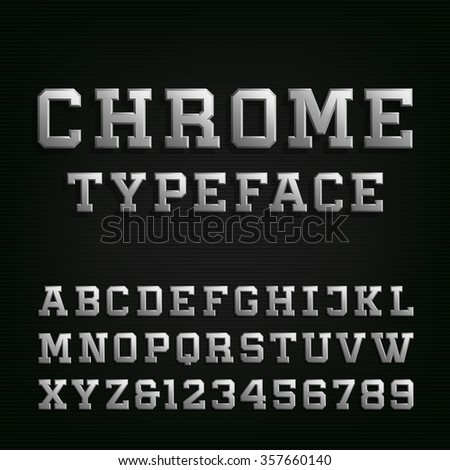 Beveled Chrome Alphabet Font. 3D metal effect letters and numbers on the dark background. Vector typeset for headlines, posters etc.