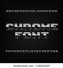 Beveled chrome alphabet font. Metallic effect shiny letters, symbols and numbers. Stock vector typeface for your design.