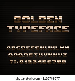 Beveled golden alphabet font. Metallic effect letters, numbers and symbols. Stock vector typeset.