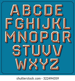  Beveled vector font. Vintage retro type. Alphabet on the blue background
