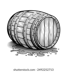Barril de bebidas. Ilustración vectorial en la técnica de grabado de barril de alcohol viejo de madera.