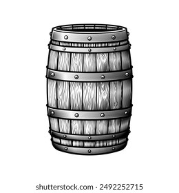 Beverage barrel. Vector illustration in engraving technique of wooden old alcohol cask.