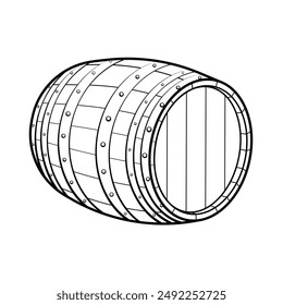 Beverage barrel. Vector illustration in engraving technique of wooden old alcohol cask.