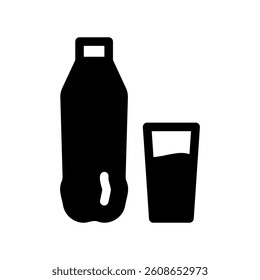 Beverage bottle next to a filled drinking glass icon