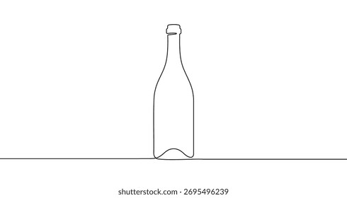 Beverage bottle in one line art style. Drawing of a glass bottle with editable black stroke on a white background. Vector illustration.