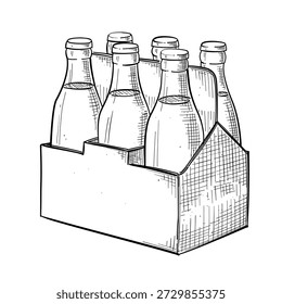 Beverage bottle pack vector line art hand drawn illustration
