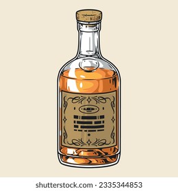 Beverage bourbon vintage label colorful with transparent corked bottle of expensive perennial alcoholic drink for restaurant menu design vector illustration