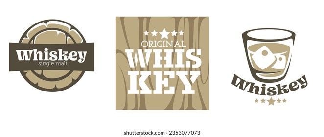 Beverage brewery house, isolated whiskey original alcoholic drink served in bars and pubs. Cup with ice cubes and alcohol from organic ingredients. Wooden texture barrel. Vector in flat style