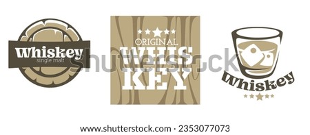 Beverage brewery house, isolated whiskey original alcoholic drink served in bars and pubs. Cup with ice cubes and alcohol from organic ingredients. Wooden texture barrel. Vector in flat style Stock photo © 