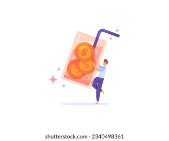 beverage business. a male businessman carrying or holding a glass of lemon tea filled with coins, ice cubes and a straw. Small Medium Enterprise or SME. illustration concept design. vector elements