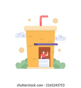 beverage business and SME or Small Medium Enterprise. a shop assistant waving at an outlet or store. cartoon concept illustration. vector design elements. for banners, posters, apps, landing pages