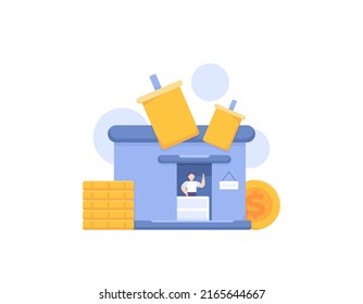 beverage business and SMEs or small and medium enterprises. a shop assistant waving at a booth or shop. cartoon concept illustration. vector design elements. for banners, posters, apps, landing pages