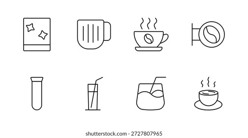 Ícone do conjunto de bebidas e cafés. Pacote de chá, caneca, copo de vapor, sinal de grão de café, tubo de teste, suco de vidro, coquetel de vidro, copo quente mostrado em estilo fino para bebidas, laboratório e cafe temas visuais.