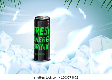 Beverage in can with blue background, Package and drink product poster